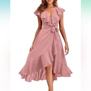 Dusty rose midi dress with ruffle detail and tie belt, worn once, size XXL